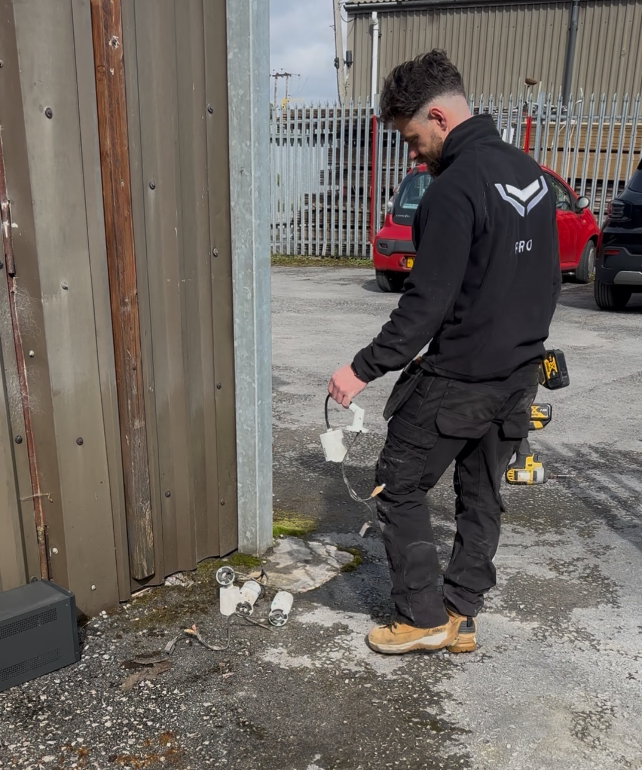 Engineer removing older CCTV cameras during a takeover and upgrade